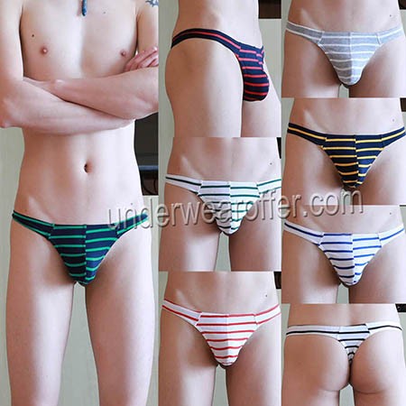Men's 5-Pack Cotton Pouch Thong Underwear Sexy Low Rise T-Back Striped Jockstrap