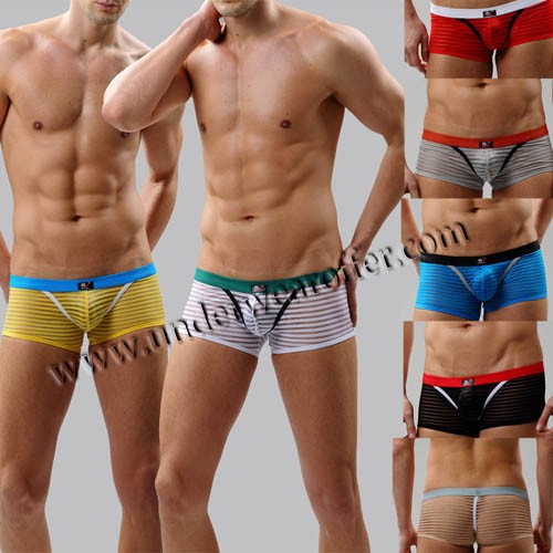 Sexy Men's See-through Brief Shorts Stripes Organza Bottoms Underwear Sheer Boxers Size S M L XL 7 Colors Offer MU1881