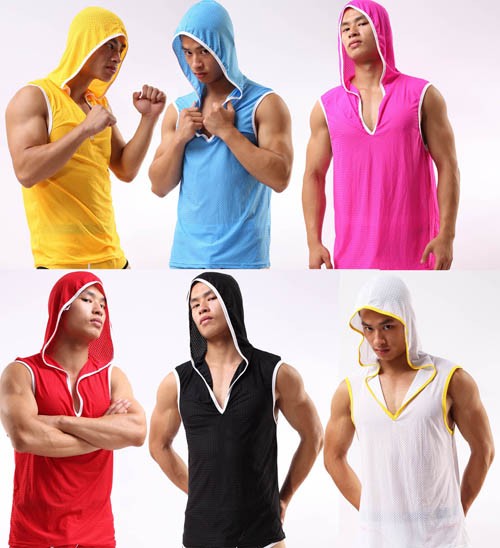 Fashion Sexy Men’s Soft Hooded Vest Sports Underwear Breath Holes Tank Top Vest With Hat Asia Size M L XL 6 Colors MU1942