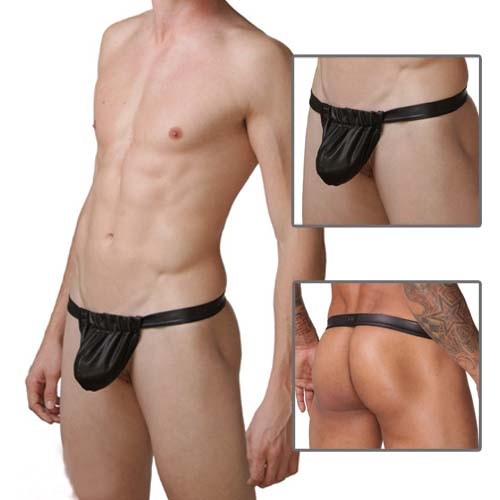 Slingshot Black Mens sexy Faux leather underwear Thong MU96. 
