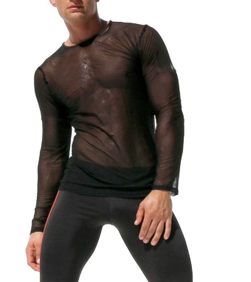 Sexy Men New Sports Long Sleeve Shirt See-Through Mesh WORKOUT Top M~XL ...