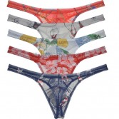 Men's Tempting Sheer Mesh Thong Jockstrap Gay Underwear Daily G-string Floral Bikini Tangas Sissy Panties MU2272