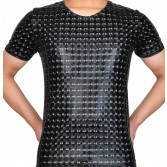 Plus Size Men Leather Like T-shirt 3D Plaid PU nderwear Sport Short Muscle Shirt MUS404